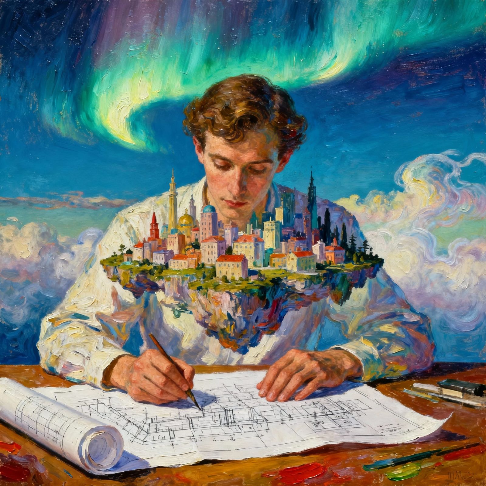 Dreamer Works on Floating City Blueprint Under Aurora