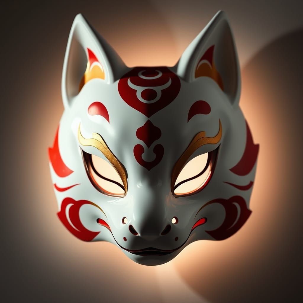 Japanese Kitsune Mask: White, Red, and Gold Traditional Desi...
