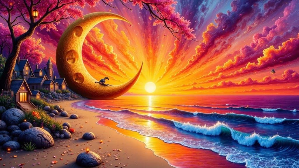 Miniature Village in Moon, Impasto Oil Painting