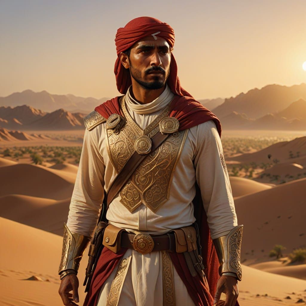 Omani Adventurer in Desert at Golden Hour
