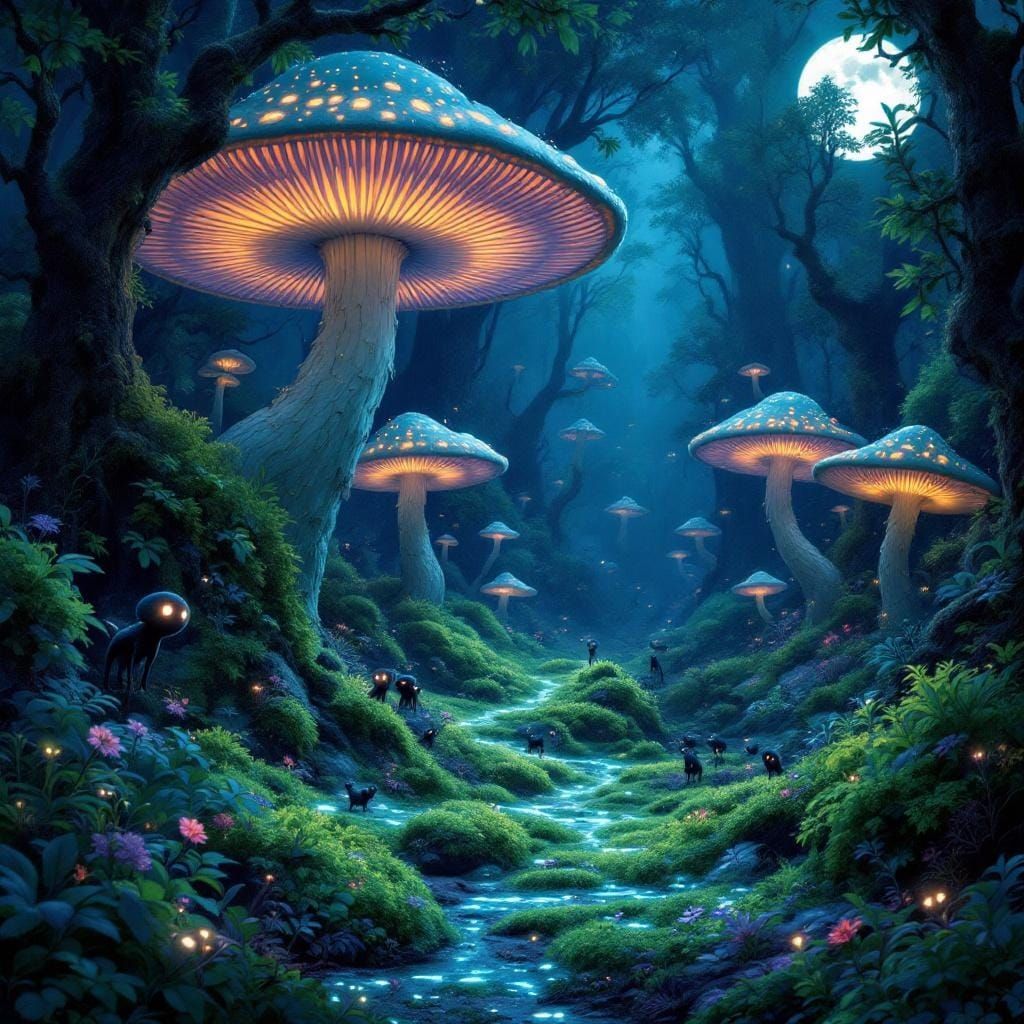 Bioluminescent Fungal Forest Under Ethereal Moonlight