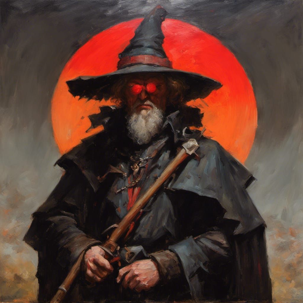Scarred Witch Hunter in a Red Sun, Oil Painting