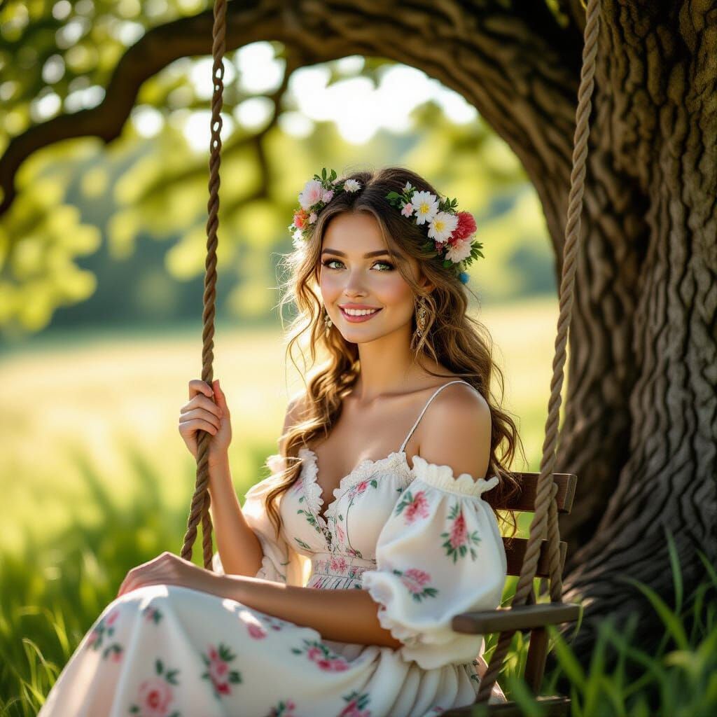 Floral Woman on Swing: Dreamlike Surrealist Meadow