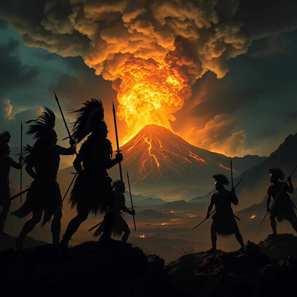 Silhouetted Warriors Clash Before Erupting Volcano
