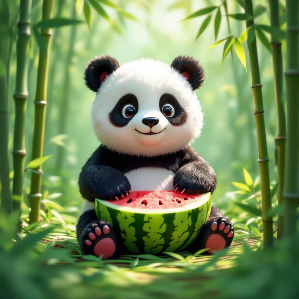 Watermelon Panda in Bamboo Forest 3D Render