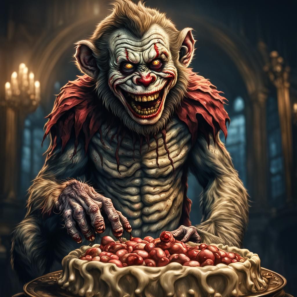 Hyperrealistic Zombie Monkey Clown Grinning Maniacally