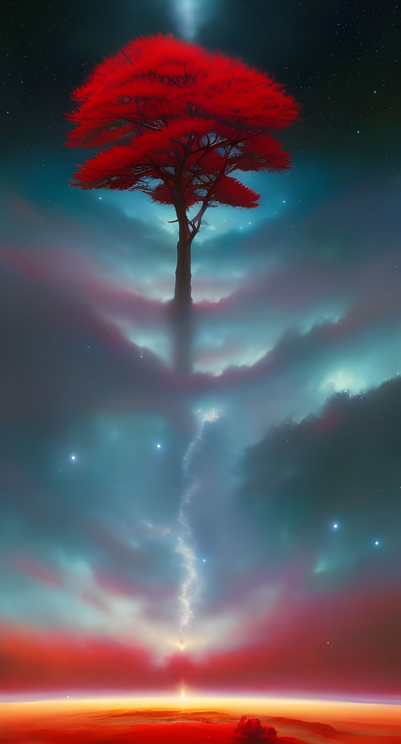 Lush Red Tree Amidst Stars in Space
