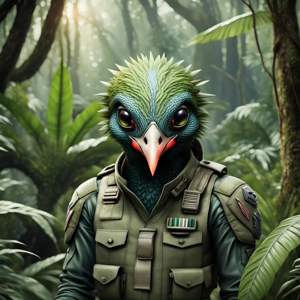 Avian Alien Soldier in Jungle Uniform
