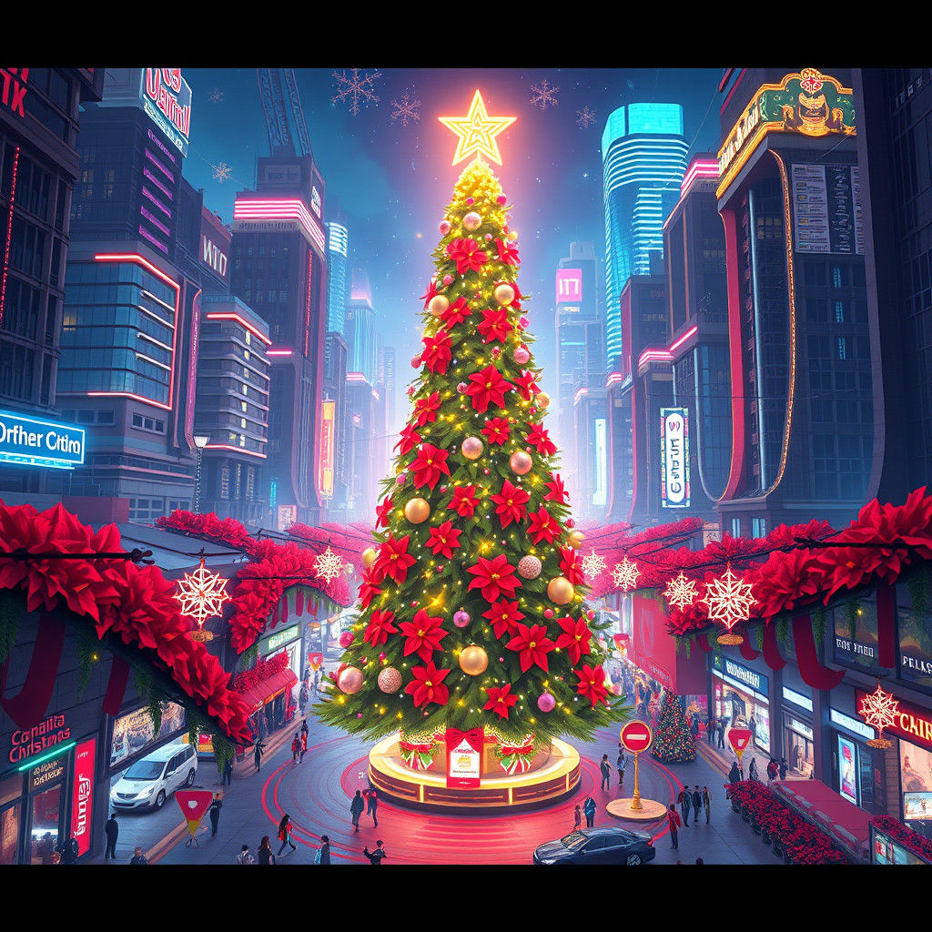 Futuristic Christmas in Poinsettia City: 3D Anime Art