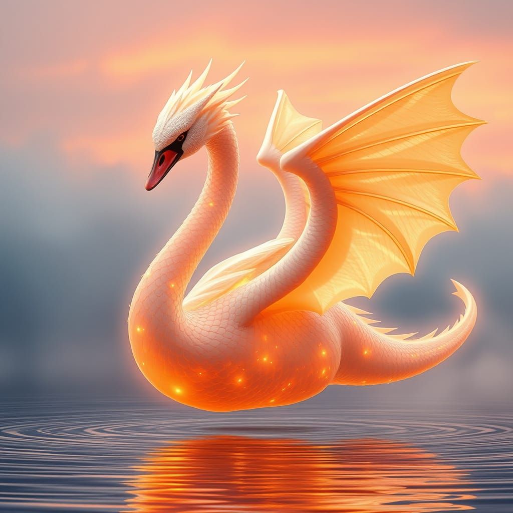 Majestic Swan-Dragon Hybrid in Ethereal, Soft Orange Glow