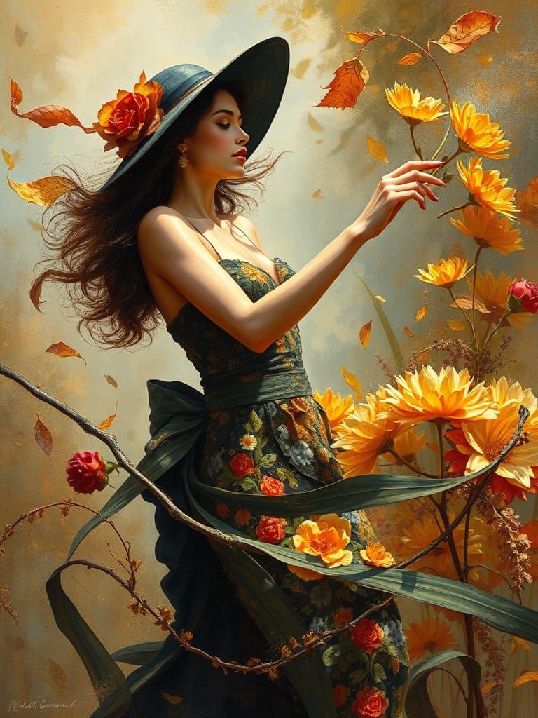 Flapper Goddess in a Whirlwind of Leaves and Wildflowers