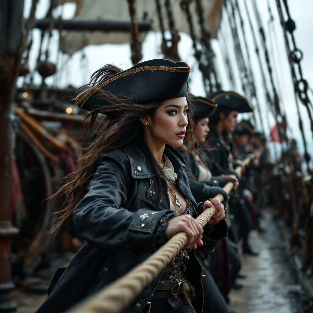 Asian Women Pirates Tug of War on Ship Deck