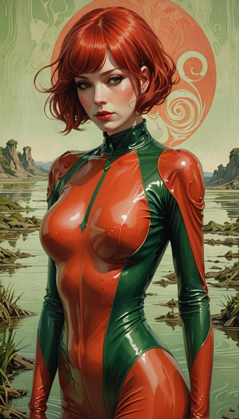 Art Nouveau Woman in Latex Suit on Beach