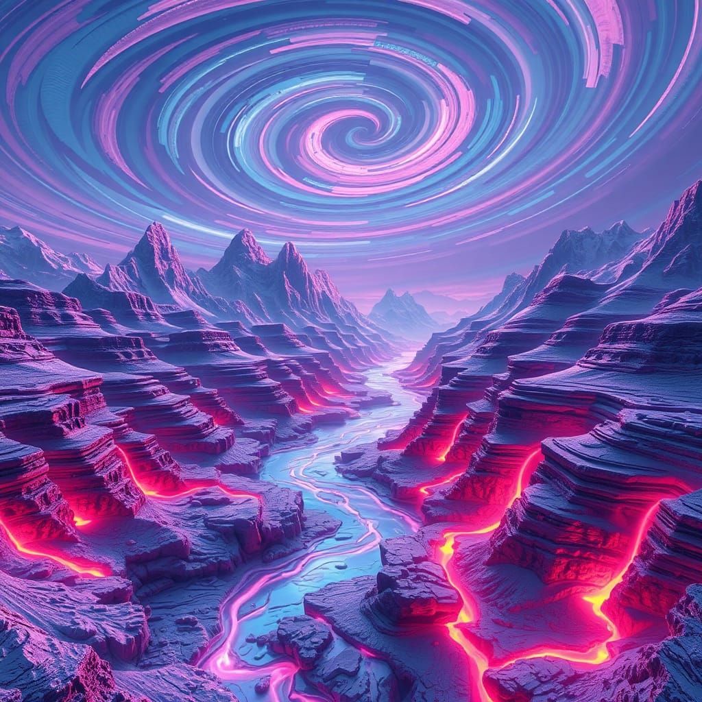 Surreal Crystalline Landscape with Glowing Rivers
