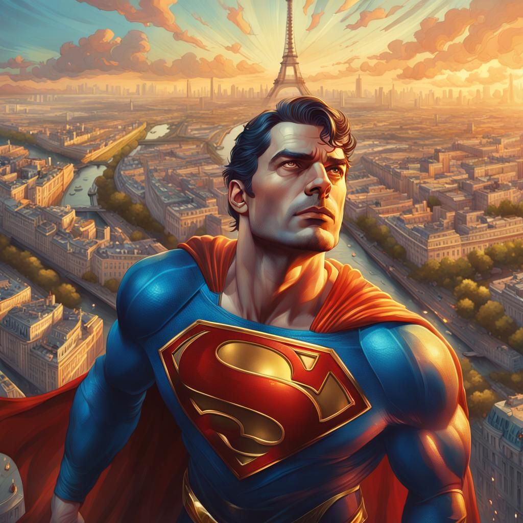 Superman Over Paris in Art Nouveau Style
