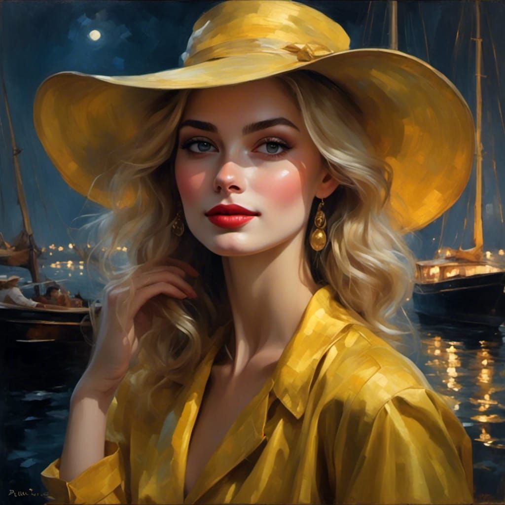 Elegant Blonde Woman with Sailing Boat in Moonlight
