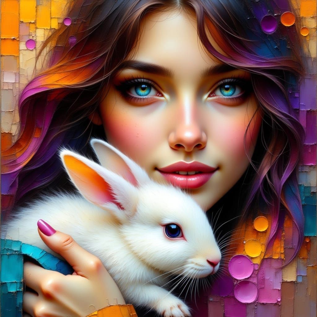 Woman with Rabbit: Colorful Oil Painting Portrait