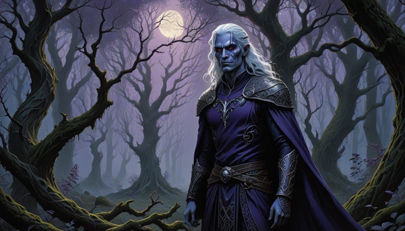 Majestic Dark Drow in Enchanted Forest Scene