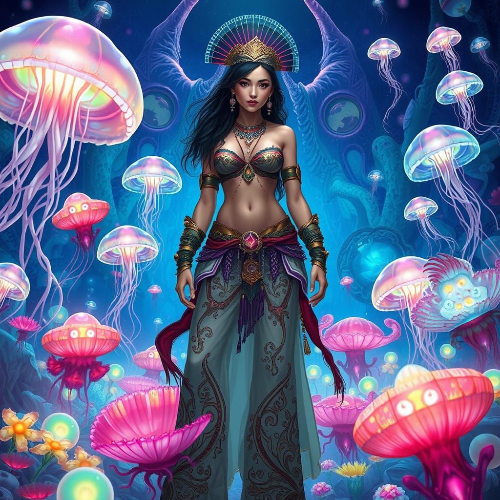 Woman in Jelly Garden with Time Sorceress, Futuristic Art