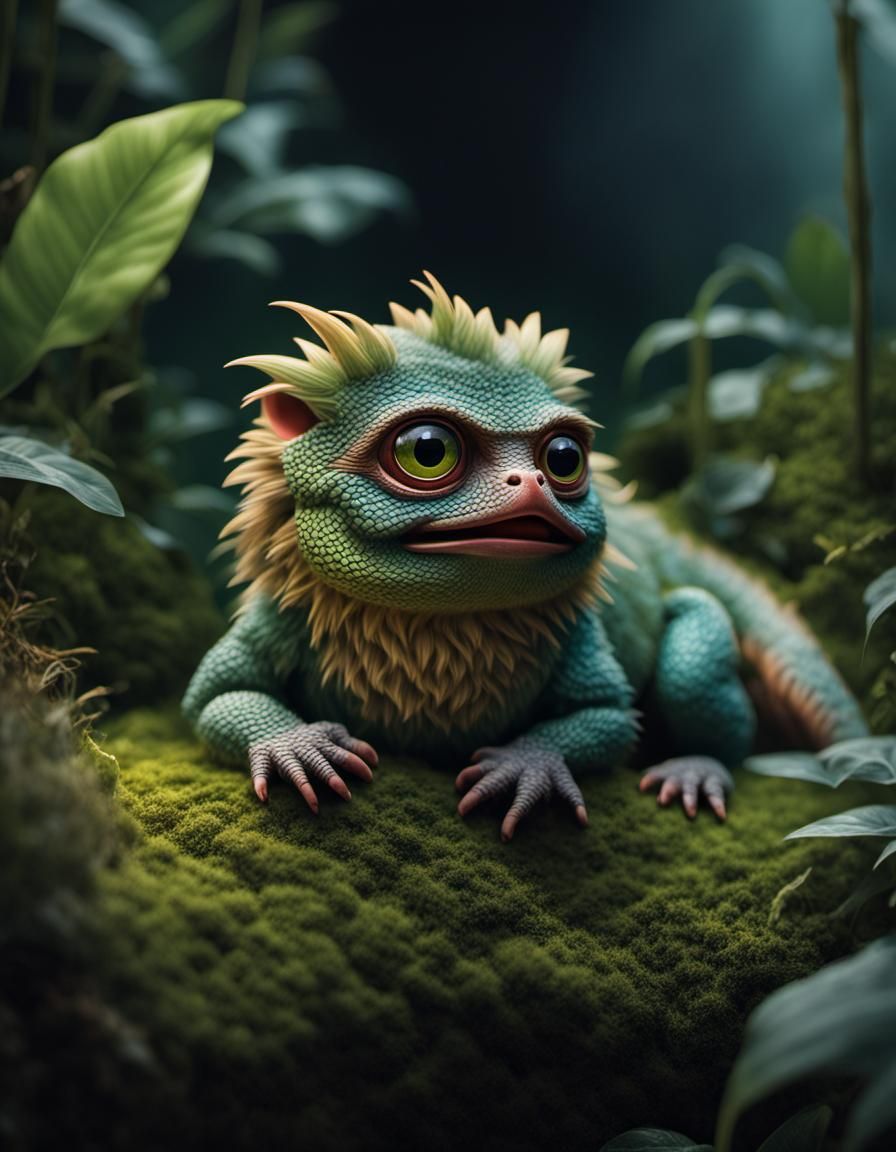Photorealistic Furby-Lizard Hybrid in Lush Landscape