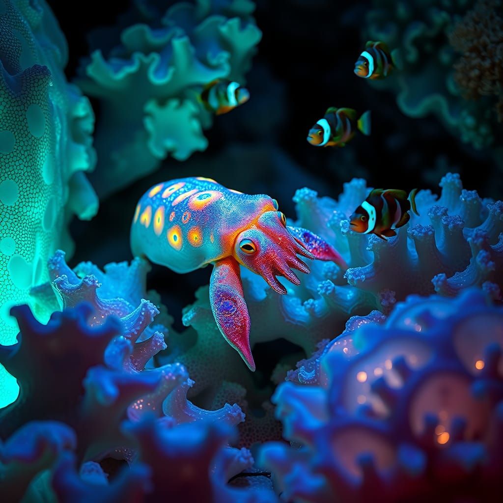 Bioluminescent Cuttlefish in Alien Coral Reef