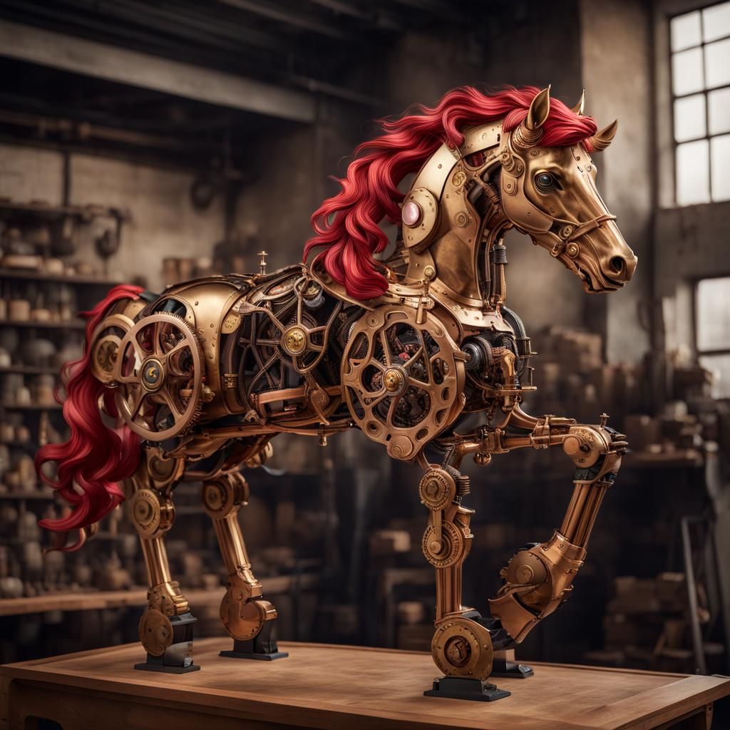 Steampunk Mechanical Horse in Workshop Setting