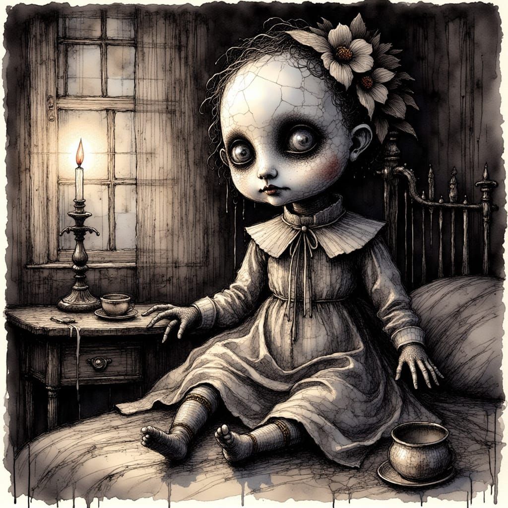 Creepy Doll Horror Comic in Ink Crosshatching Style