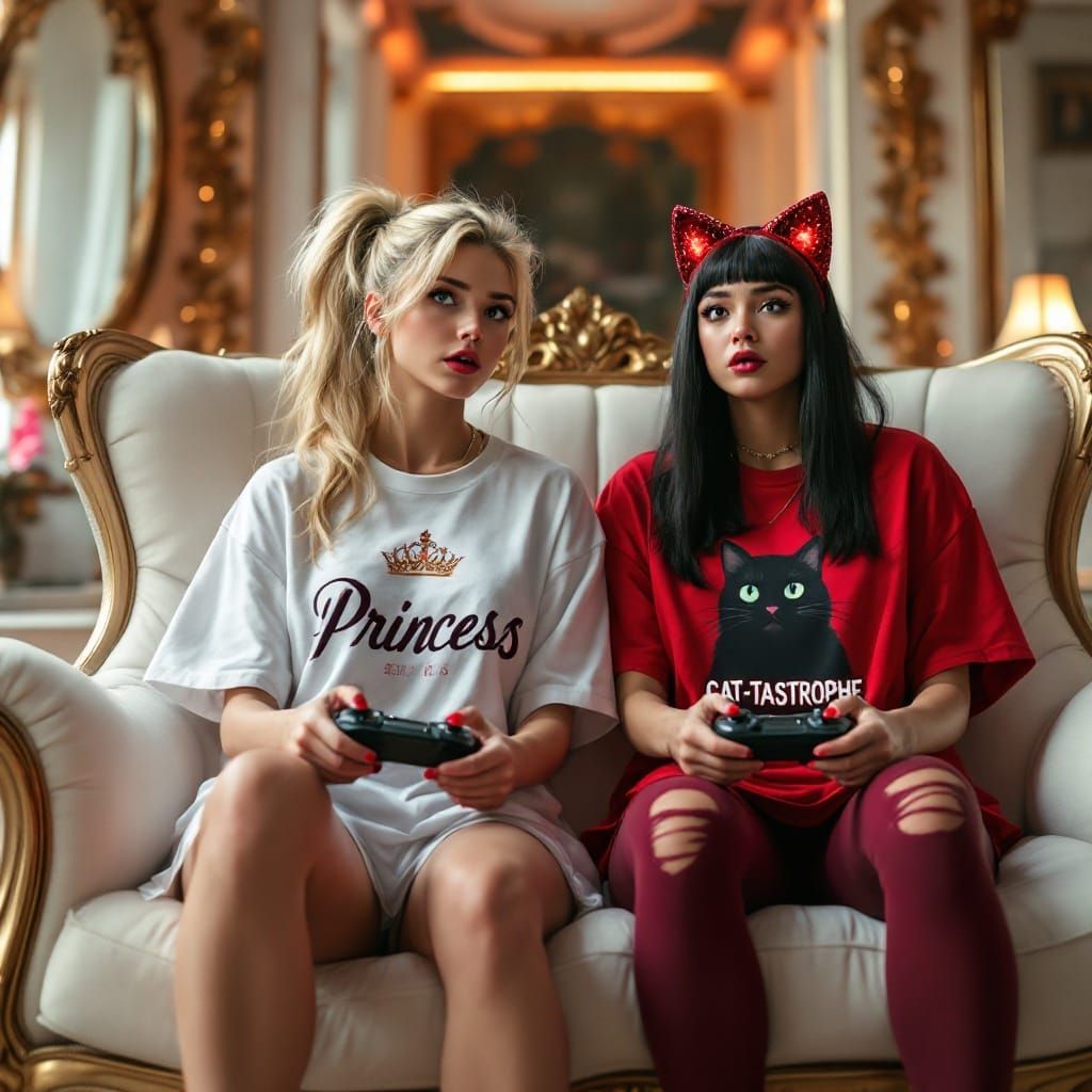 Royal Gamer Sisters in Intense Video Game Session