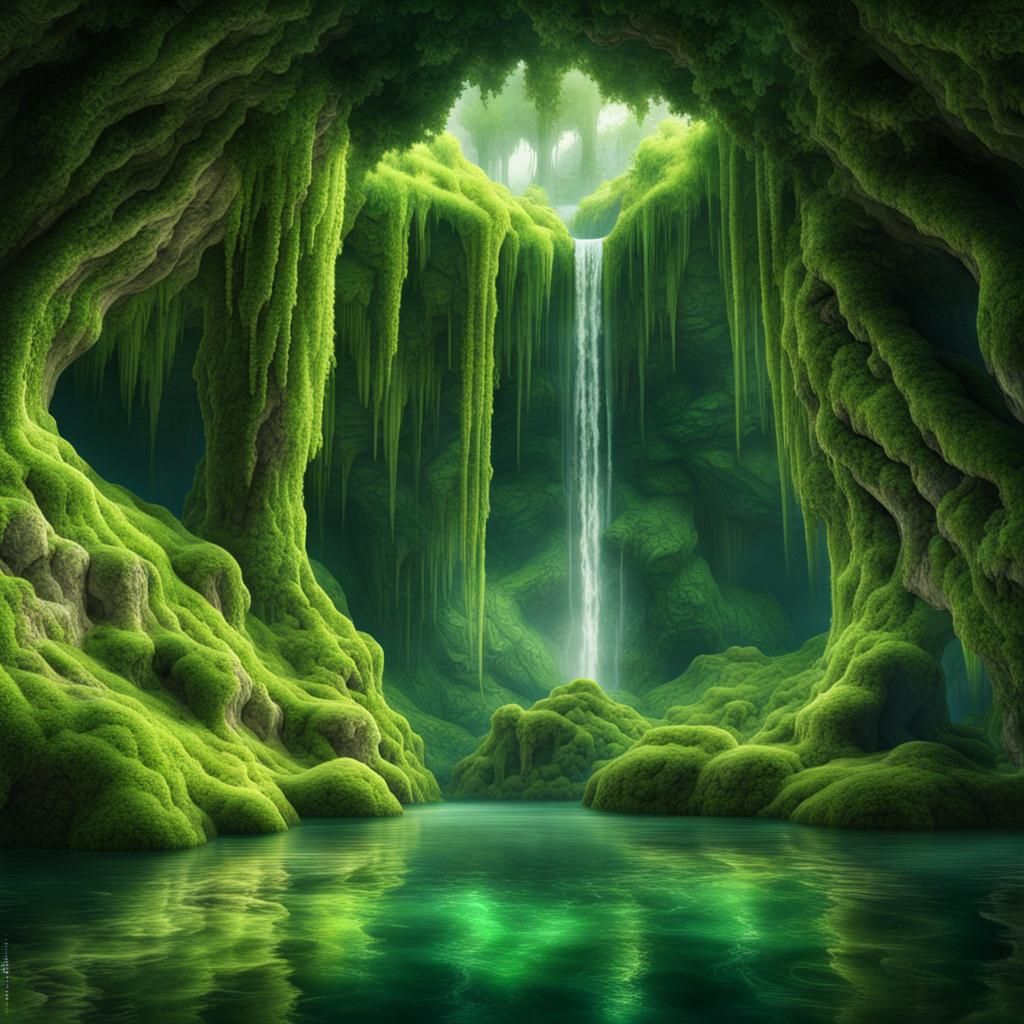 Stunning Crystal Cave with Waterfall and Moss