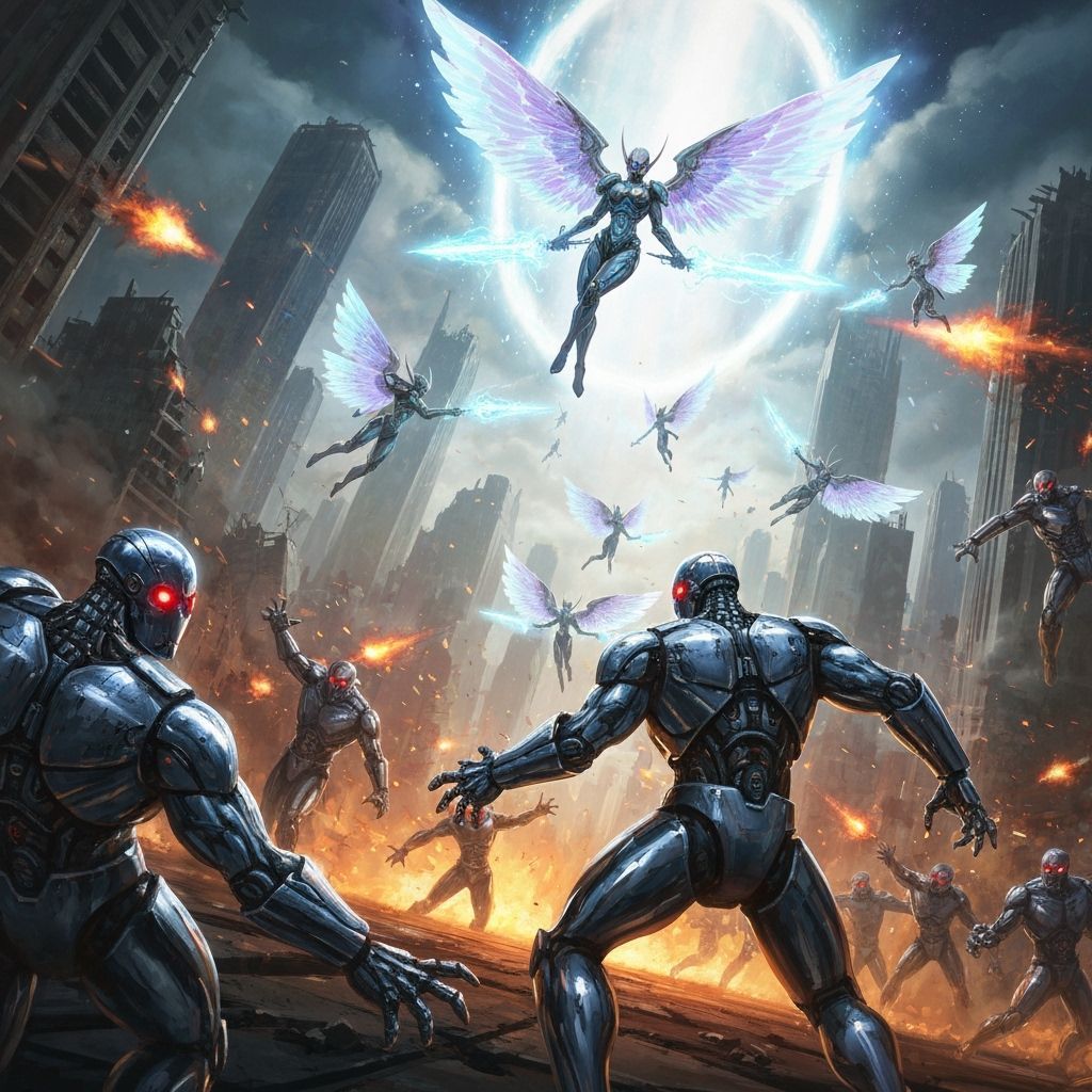 Angels Battle Robots in Hyperrealistic Digital Painting