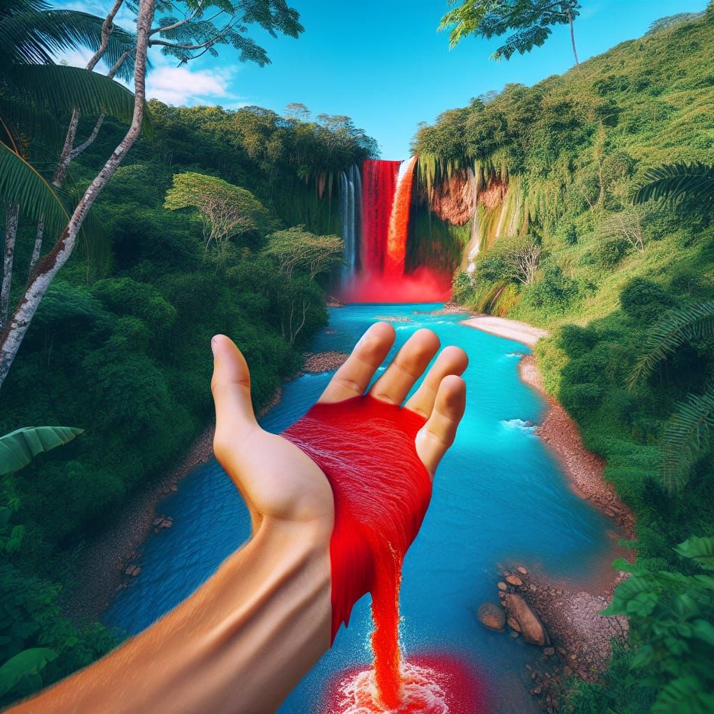Surreal Red Waterfall Flowing From Palm