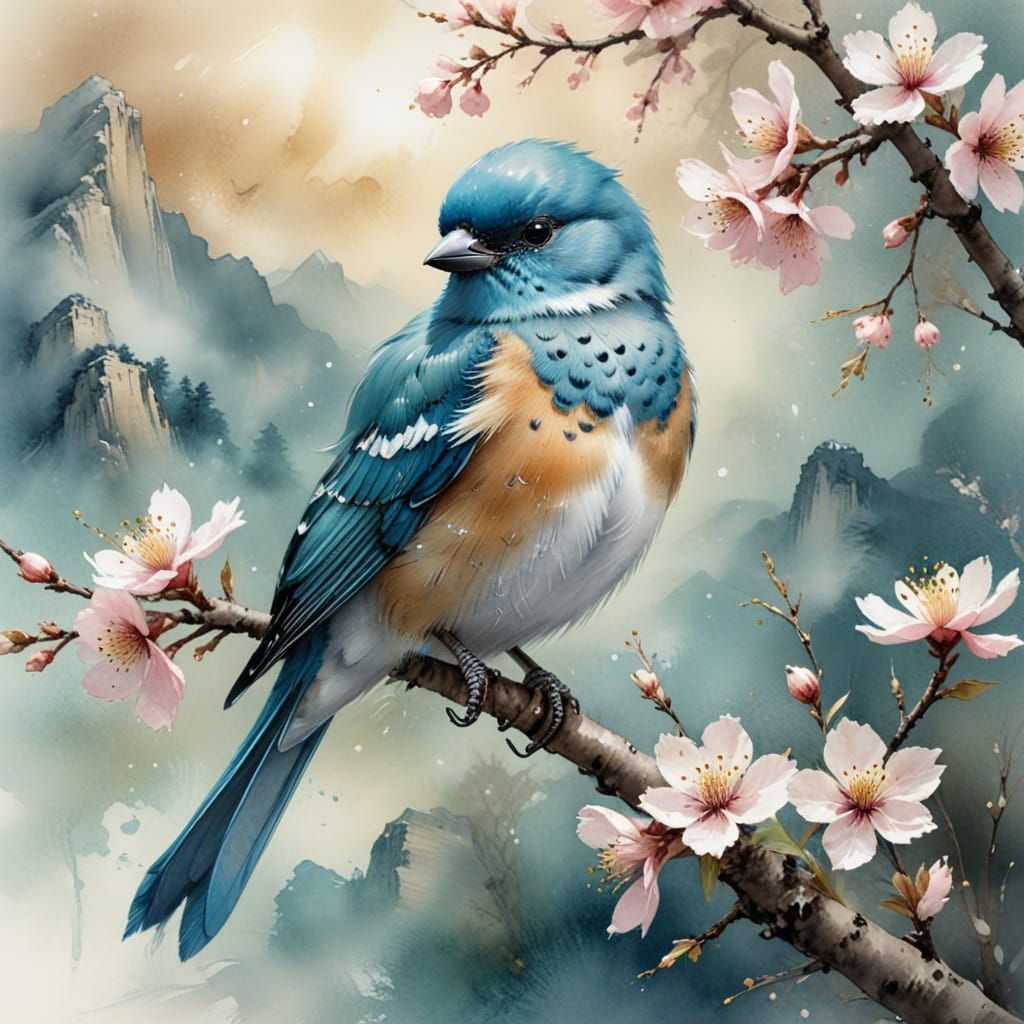 Turquoise Bird on Cherry Blossom Branch in Sfumato Style