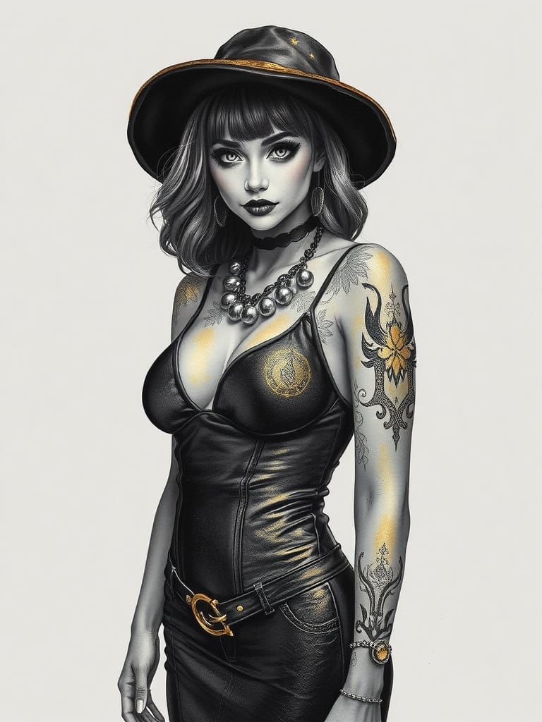 Goth Goddess in Gilded Inkwash