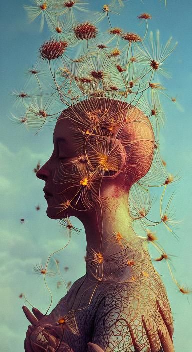 Weightless Woman with Dandelion in Fairytale Setting