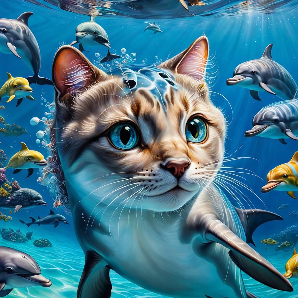 Adorable Cat-Dolphin Hybrid in Detailed Oceanscape