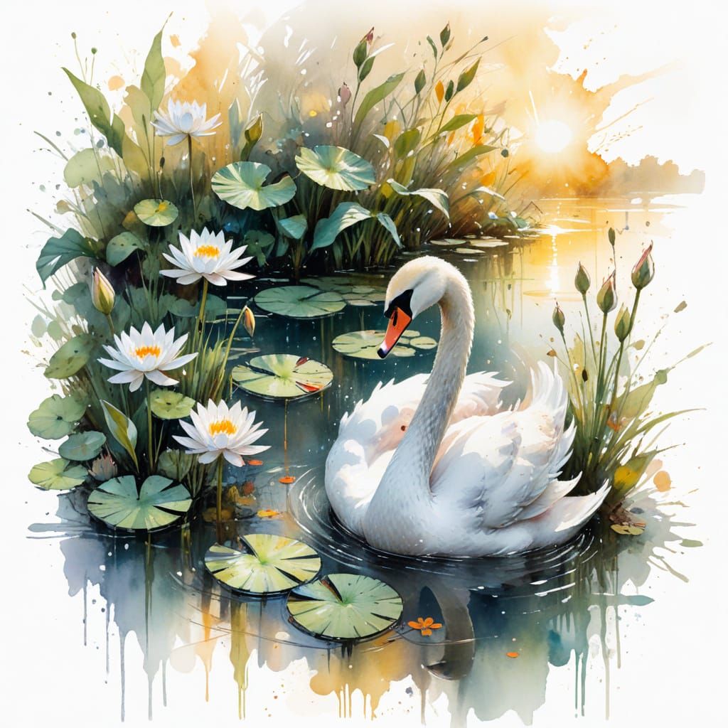 Ethereal Swan in Serene Lily Pond Landscape
