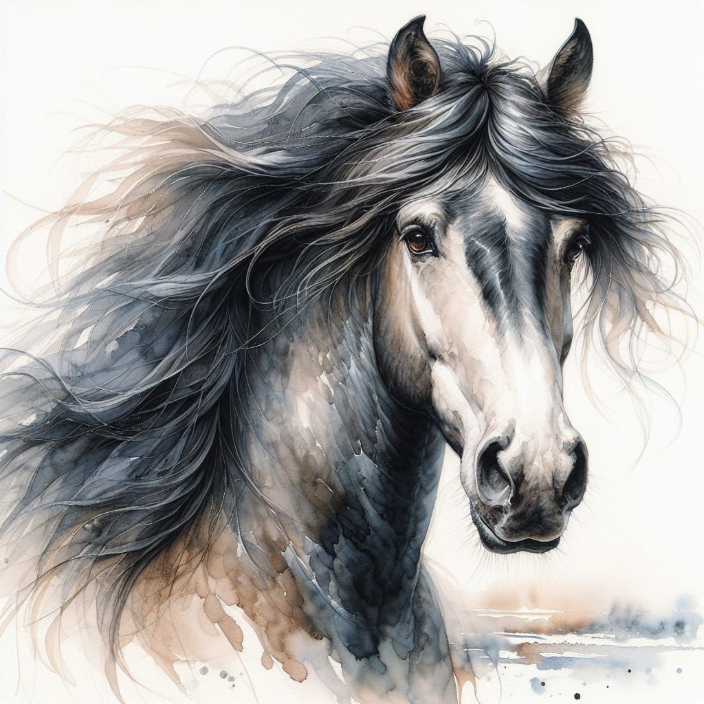 Majestic Horse with Flowing Mane: Watercolor Painting