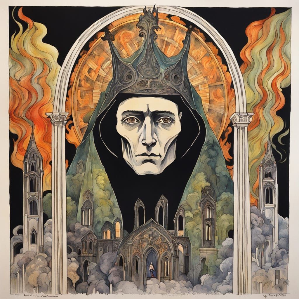 Translucent Trickster Spirit in Burning Cathedral, Art Nouve...