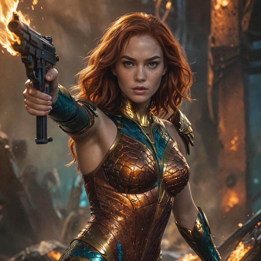 Auburn-Haired Woman in Aquaman Bodysuit, Digital Art