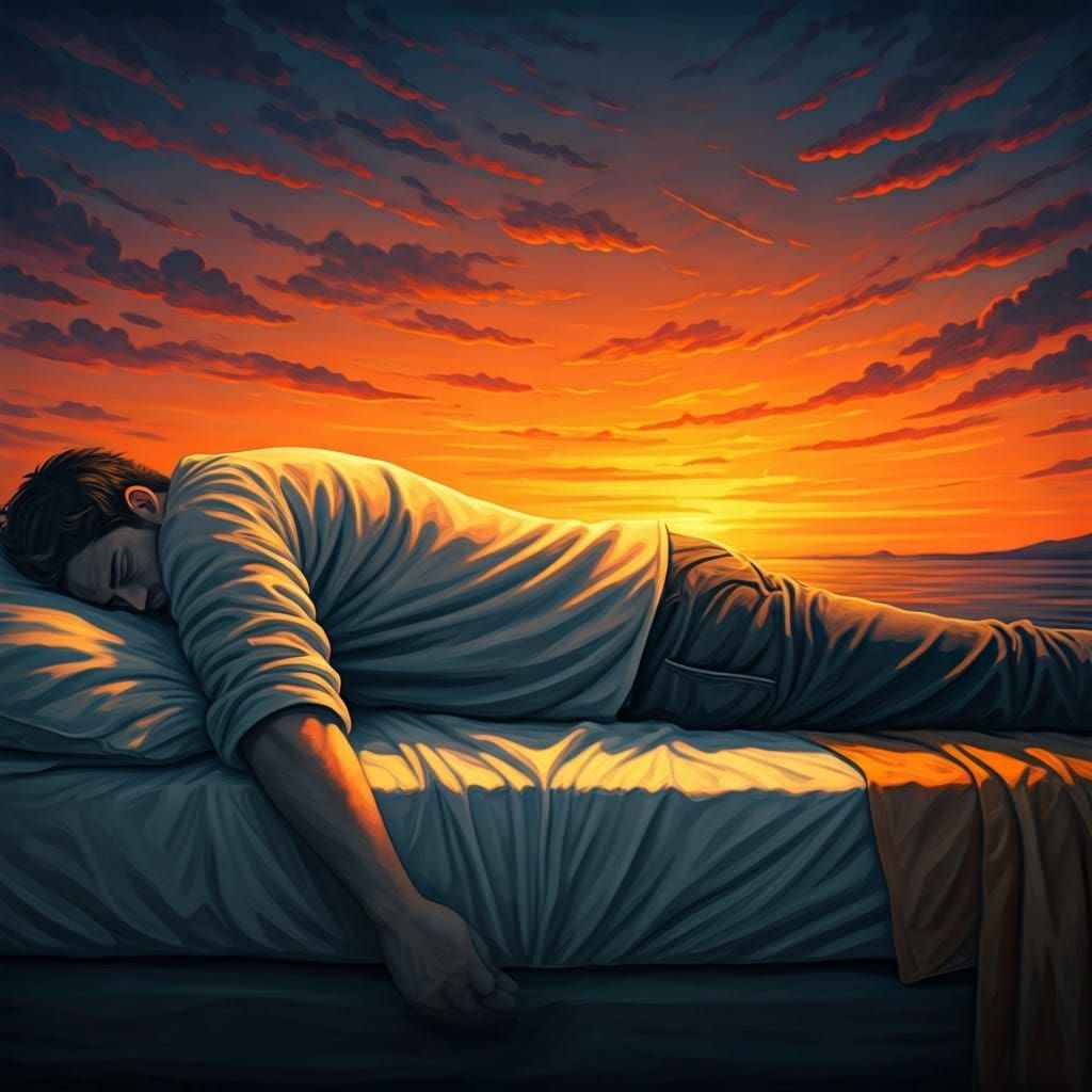 Tired Man Rests at Sunset: Digital Artwork