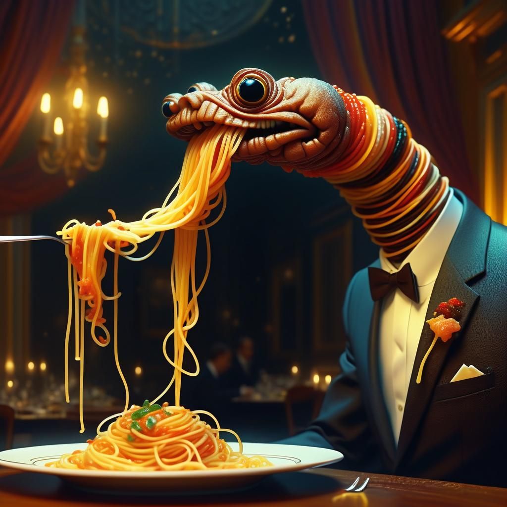 Worm in Suit Eating Spaghetti, Beksiński Style