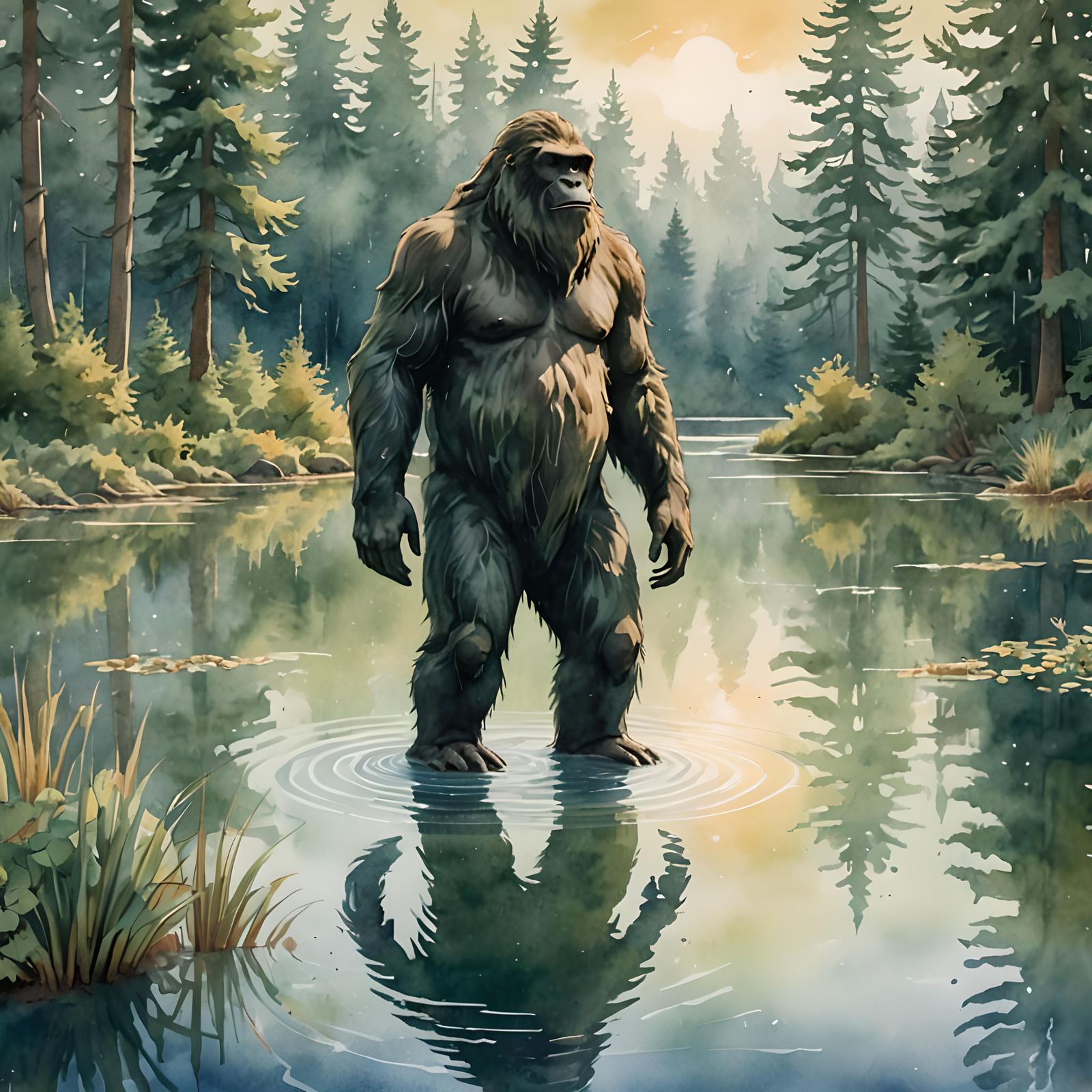 Bigfoot Emerges from Morning Mist: Watercolor Illustration
