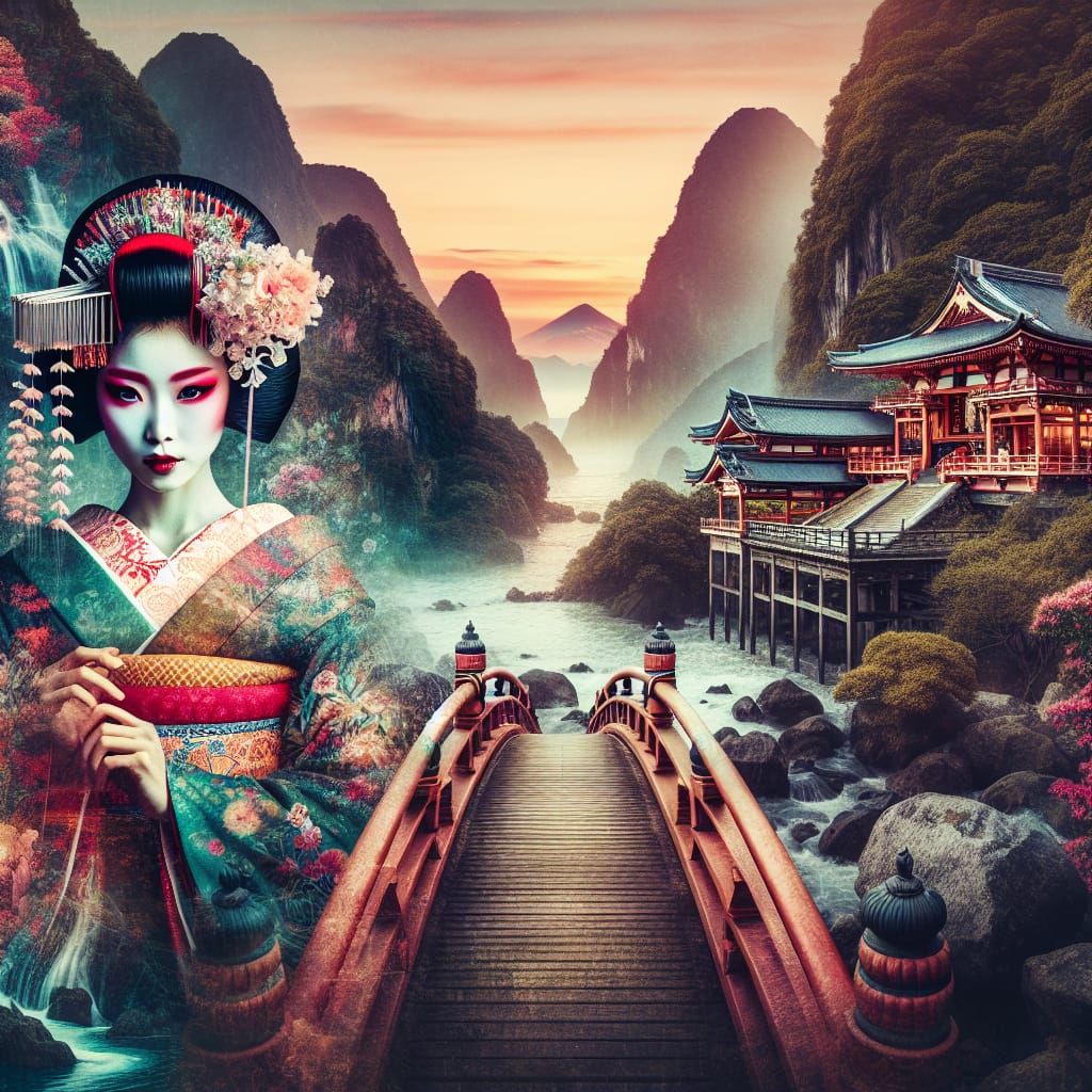 Geisha in Japanese Garden Double Exposure