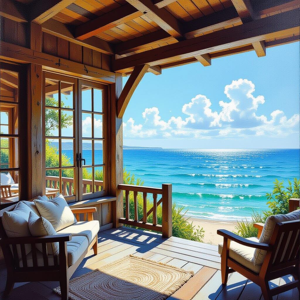 Calm Sea View from Rustic Chalet - Oil Painting