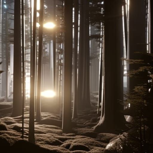UFO over Illuminated Woodland: Dark Fantasy Concept Art