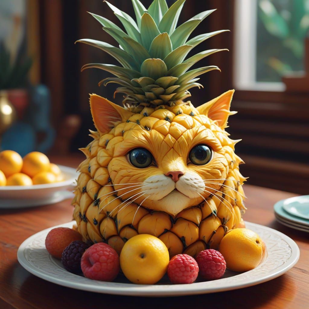 Whimsical Pineapple Cat in a Vibrant Fruit Paradise