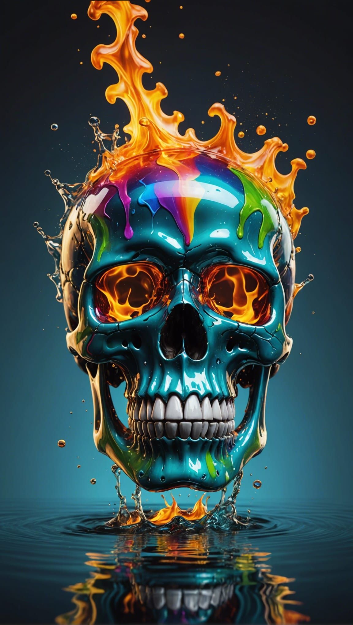 Rainbow Glass Skull on Fire: Hyperrealistic Splash Art