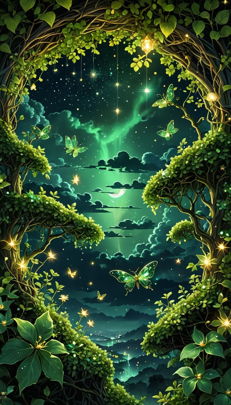 Mystical Emerald Night Scene with Crystalline Details