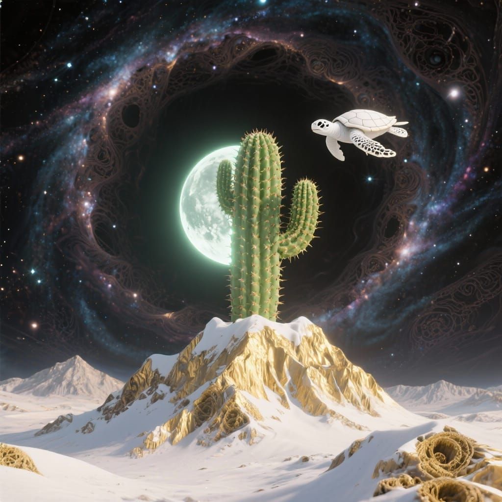 Surreal Cactus Moon on Gold Mountain Carried by Sea Turtle
