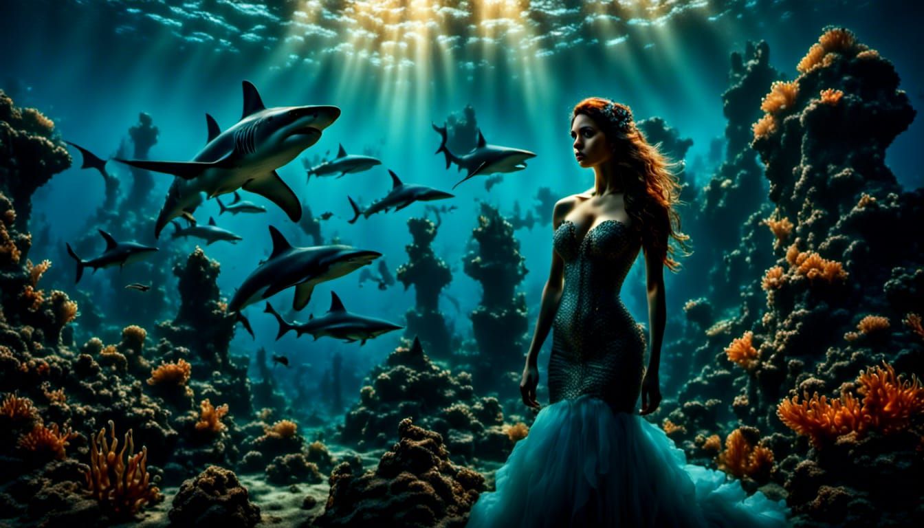 Mermaid Surrounded by Sharks: Hyperrealistic Digital Paintin...
